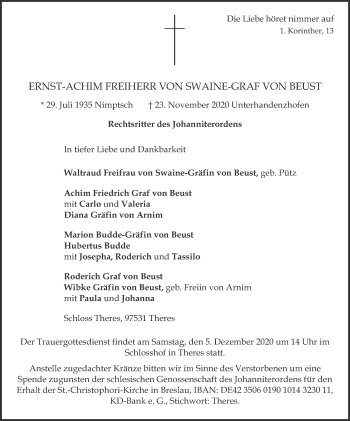 Anzeige von Ernst-Achim Freiherr von Swaine-Graf von Beust von MGO