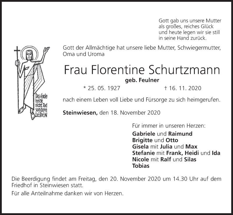  Traueranzeige für Florentine Schurtzmann vom 18.11.2020 aus MGO