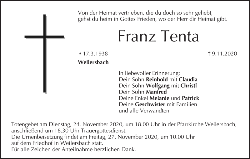  Traueranzeige für Franz Tenta vom 21.11.2020 aus MGO