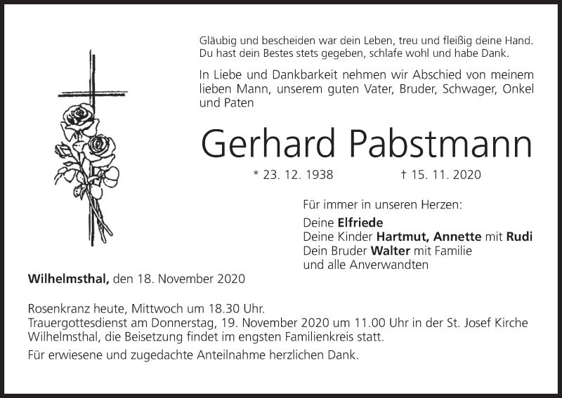 Traueranzeige für Gerhard Pabstmann vom 18.11.2020 aus MGO