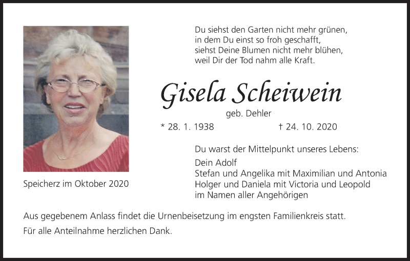  Traueranzeige für Gisela Scheiwein vom 31.10.2020 aus MGO