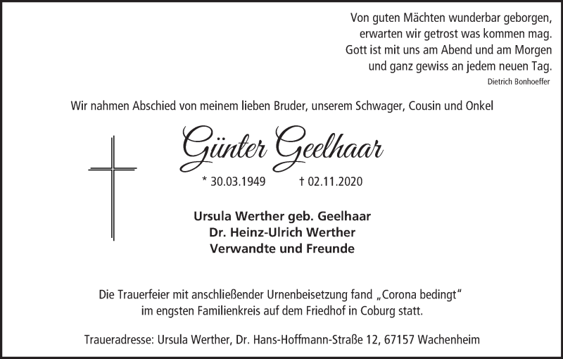  Traueranzeige für Günter Geelhaar vom 14.11.2020 aus MGO
