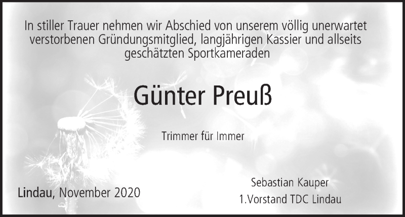  Traueranzeige für Günter Preuß vom 13.11.2020 aus MGO
