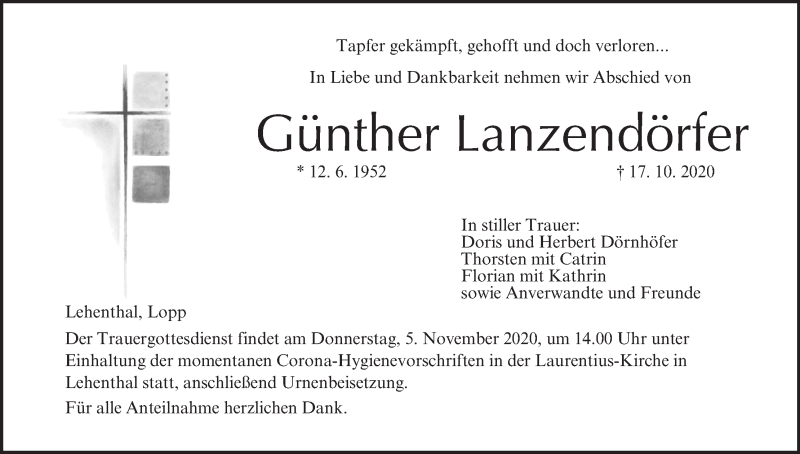  Traueranzeige für Günther Lanzendörfer vom 03.11.2020 aus MGO