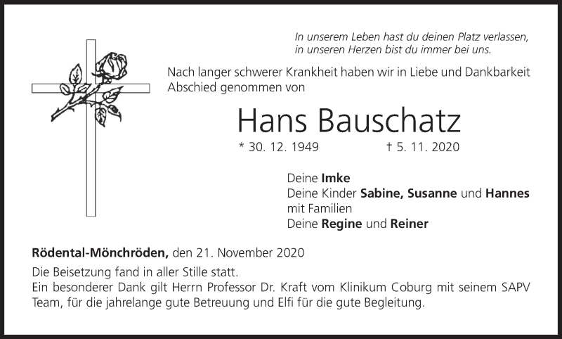  Traueranzeige für Hans Bauschatz vom 21.11.2020 aus MGO