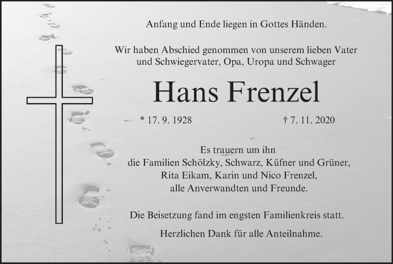  Traueranzeige für Hans Frenzel vom 21.11.2020 aus MGO