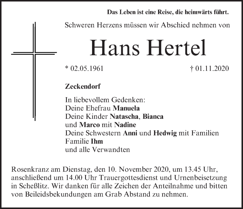  Traueranzeige für Hans Hertel vom 06.11.2020 aus MGO