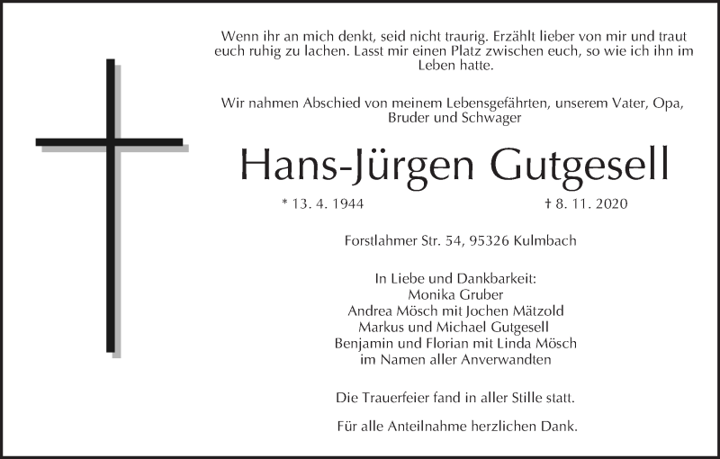  Traueranzeige für Hans-Jürgen Gutgesell vom 14.11.2020 aus MGO