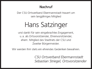 Anzeige von Hans Satzinger von MGO