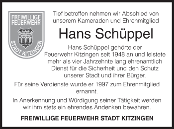 Anzeige von Hans Schüppel von MGO