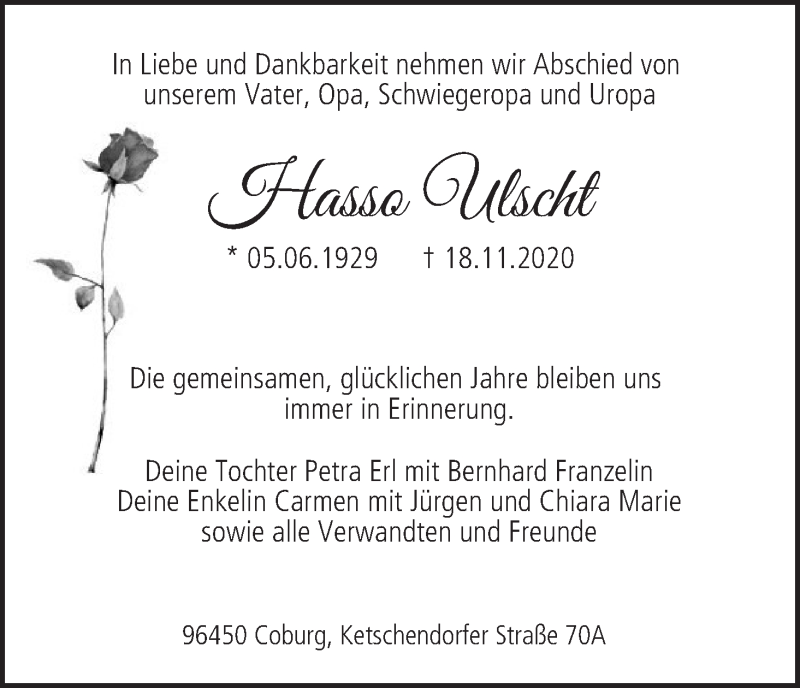 Traueranzeige für Hasso Ulscht vom 21.11.2020 aus MGO