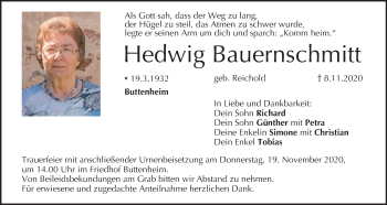 Anzeige von Hedwig Bauernschmitt von MGO