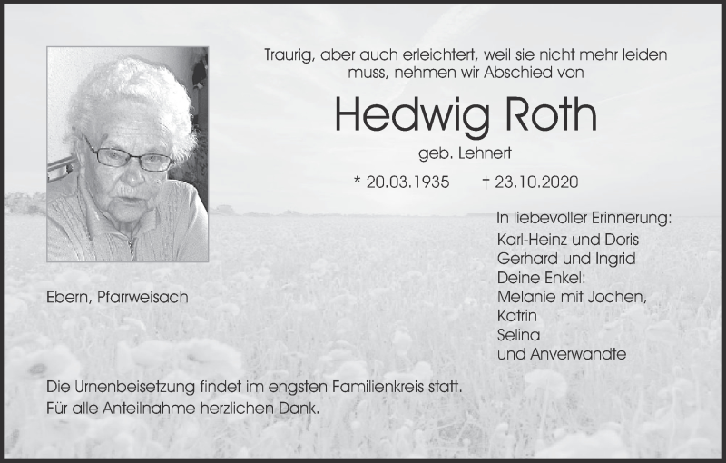  Traueranzeige für Hedwig Roth vom 31.10.2020 aus MGO