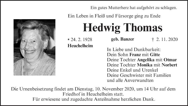  Traueranzeige für Hedwig Thomas vom 07.11.2020 aus MGO