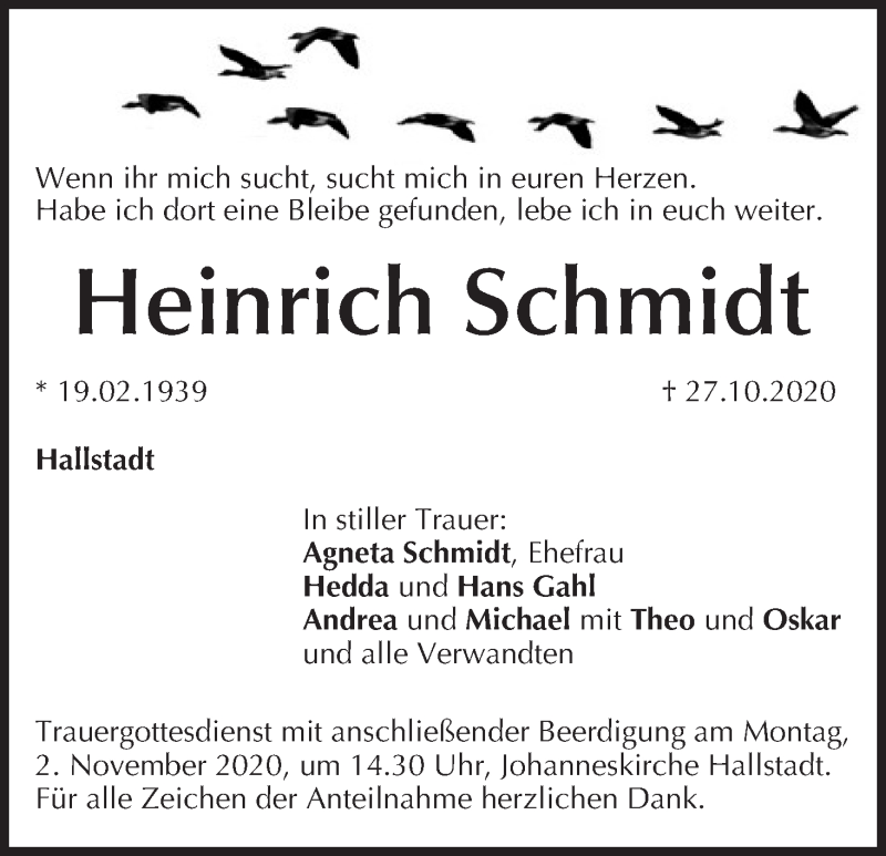  Traueranzeige für Heinrich Schmidt vom 31.10.2020 aus MGO