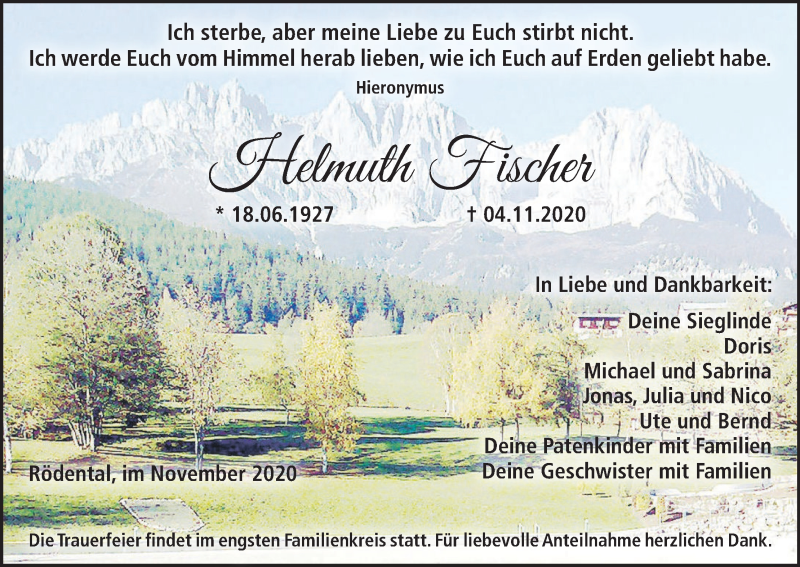  Traueranzeige für Helmuth Fischer vom 11.11.2020 aus MGO