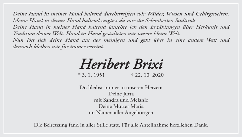  Traueranzeige für Heribert Brixi vom 07.11.2020 aus MGO