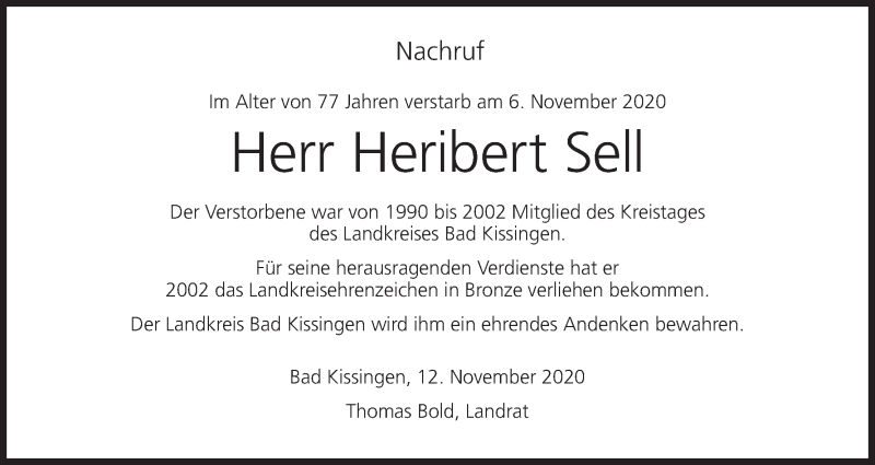  Traueranzeige für Heribert Sell vom 12.11.2020 aus MGO