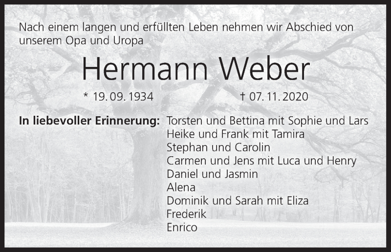  Traueranzeige für Hermann Weber vom 10.11.2020 aus MGO