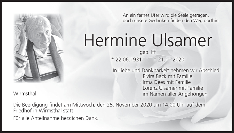  Traueranzeige für Hermine Ulsamer vom 24.11.2020 aus MGO
