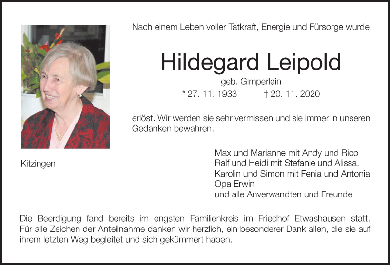  Traueranzeige für Hildegard Leipold vom 28.11.2020 aus MGO