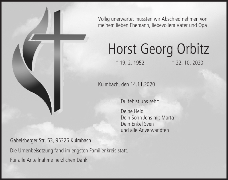  Traueranzeige für Horst Georg Orbitz vom 14.11.2020 aus MGO