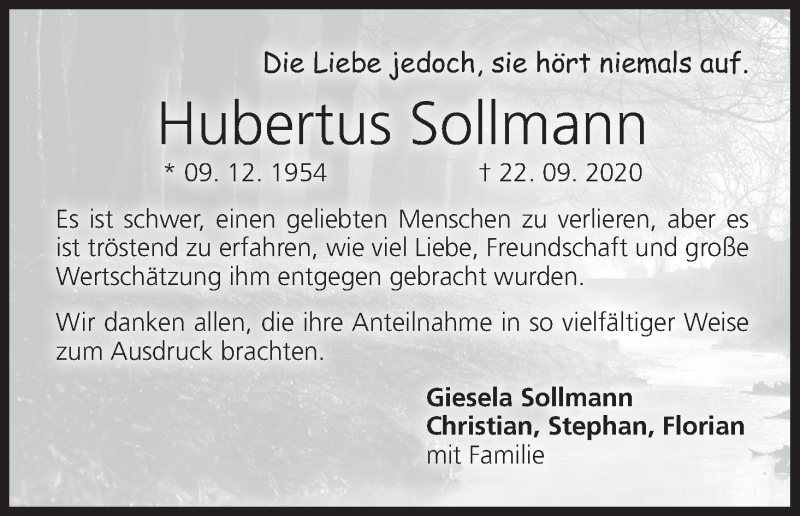  Traueranzeige für Hubertus Sollmann vom 14.11.2020 aus MGO