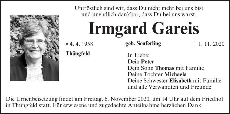  Traueranzeige für Irmgard Gareis vom 04.11.2020 aus MGO