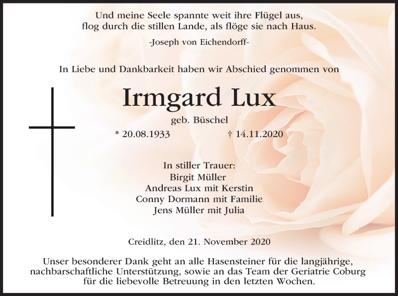  Traueranzeige für Irmgard Lux vom 21.11.2020 aus MGO