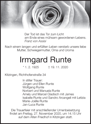 Anzeige von Irmgard Runte von MGO