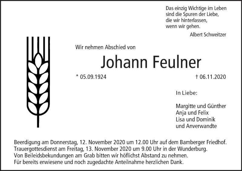  Traueranzeige für Johann Feulner vom 11.11.2020 aus MGO