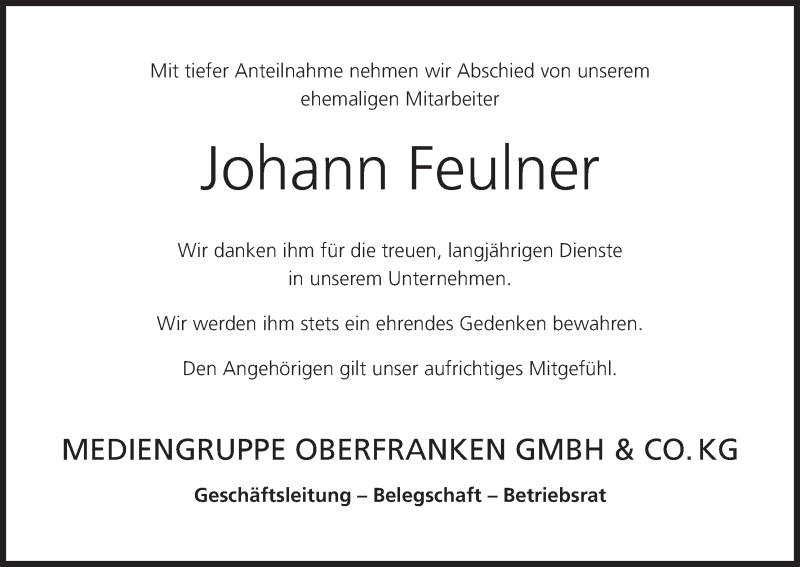  Traueranzeige für Johann Feulner vom 13.11.2020 aus MGO