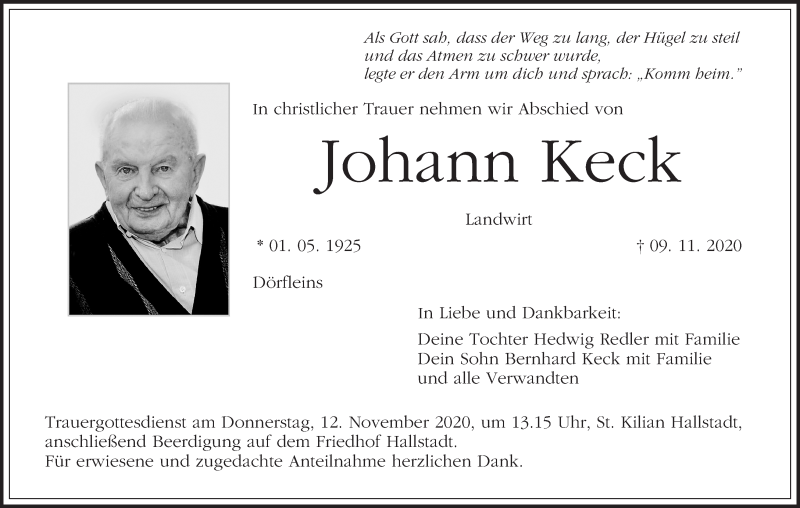  Traueranzeige für Johann Keck vom 11.11.2020 aus MGO