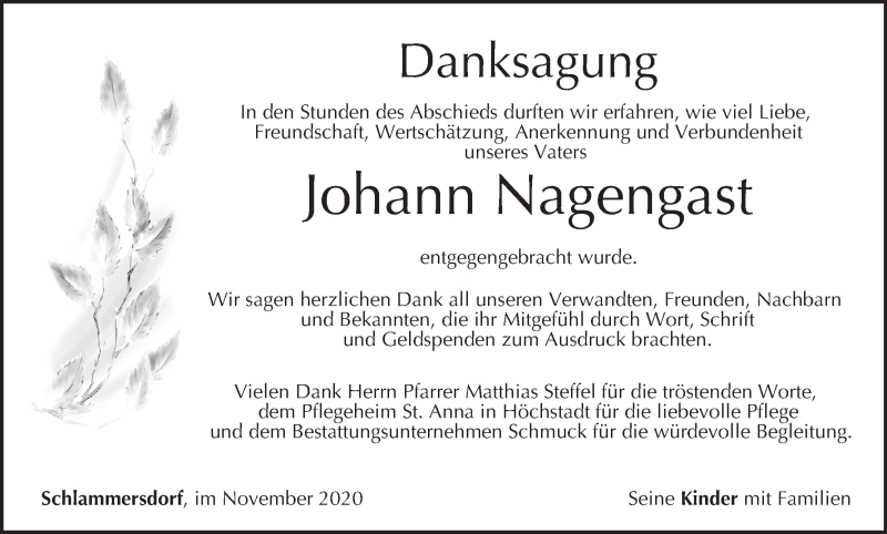  Traueranzeige für Johann Nagengast vom 21.11.2020 aus MGO