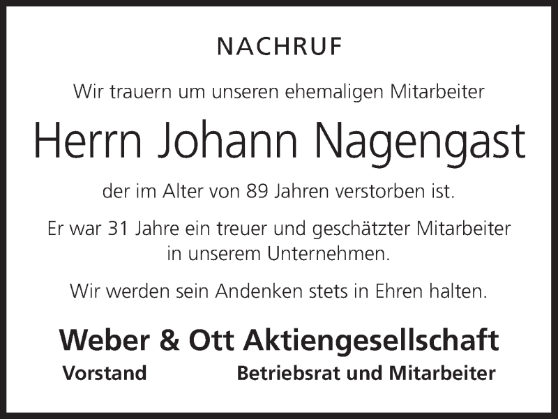  Traueranzeige für Johann Nagengast vom 03.11.2020 aus MGO
