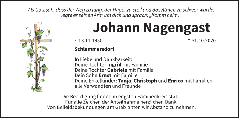  Traueranzeige für Johann Nagengast vom 02.11.2020 aus MGO