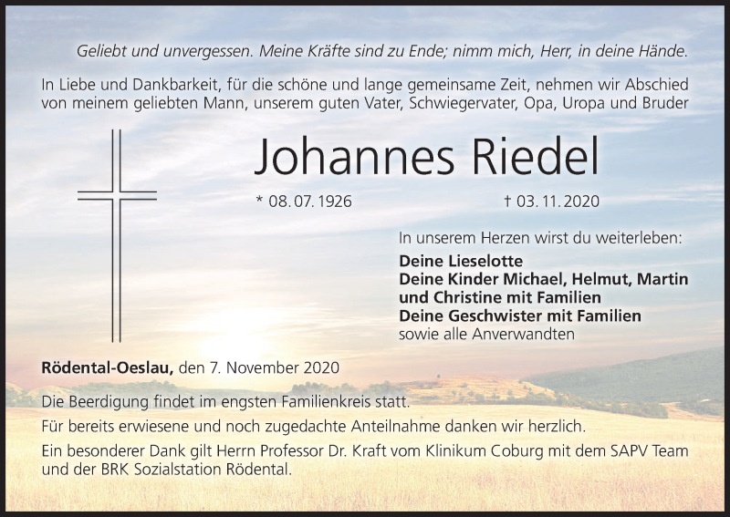  Traueranzeige für Johannes Riedel vom 07.11.2020 aus MGO