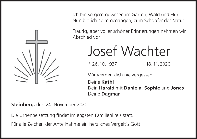  Traueranzeige für Josef Wachter vom 24.11.2020 aus MGO