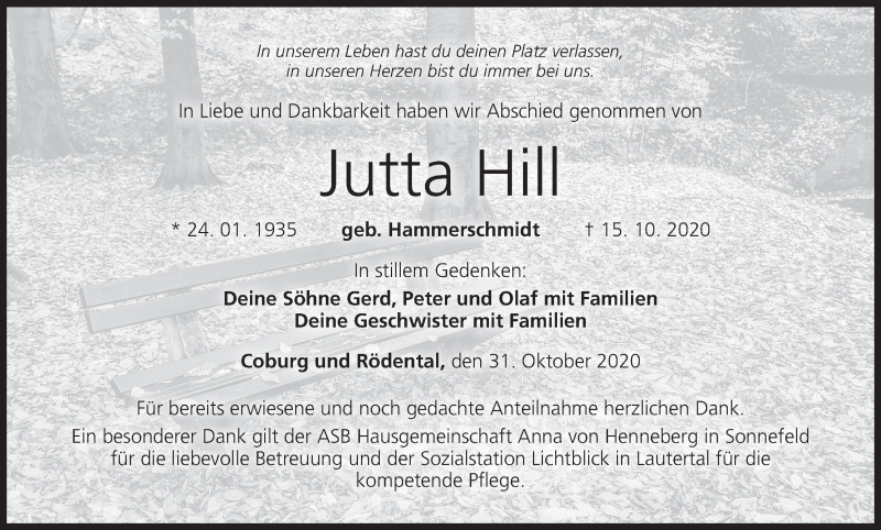  Traueranzeige für Jutta Hill vom 31.10.2020 aus MGO