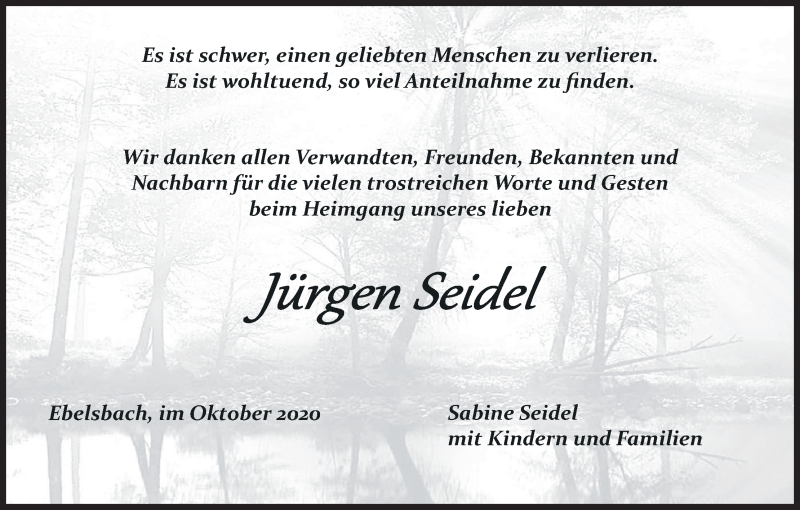  Traueranzeige für Jürgen Seidel vom 14.11.2020 aus MGO
