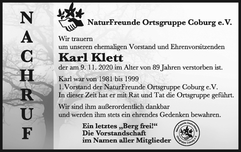  Traueranzeige für Karl Klett vom 28.11.2020 aus MGO