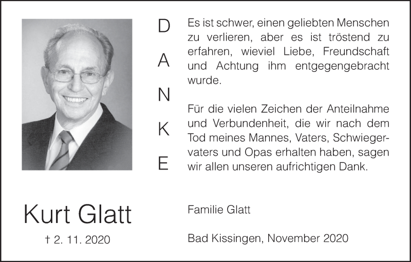  Traueranzeige für Kurt Glatt vom 21.11.2020 aus MGO