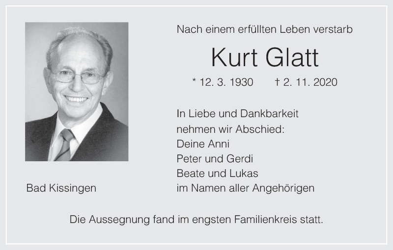  Traueranzeige für Kurt Glatt vom 07.11.2020 aus MGO
