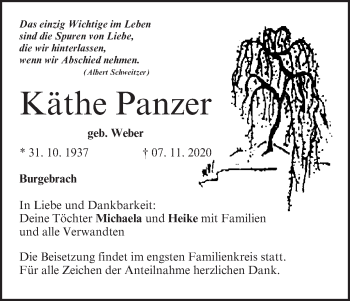 Anzeige von Käthe Panzer von MGO