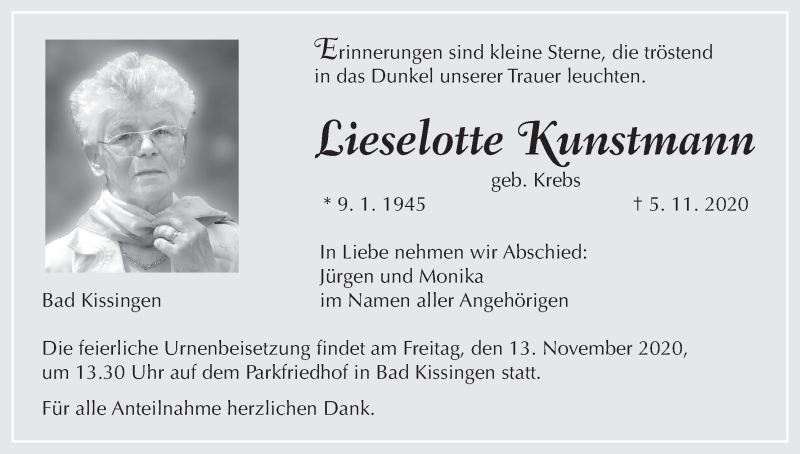  Traueranzeige für Lieselotte Kunstmann vom 07.11.2020 aus MGO