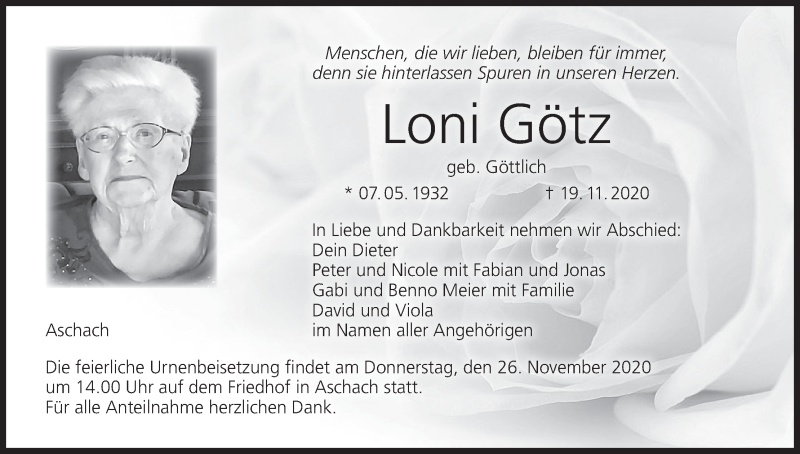  Traueranzeige für Loni Götz vom 23.11.2020 aus MGO