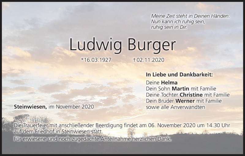  Traueranzeige für Ludwig Burger vom 05.11.2020 aus MGO