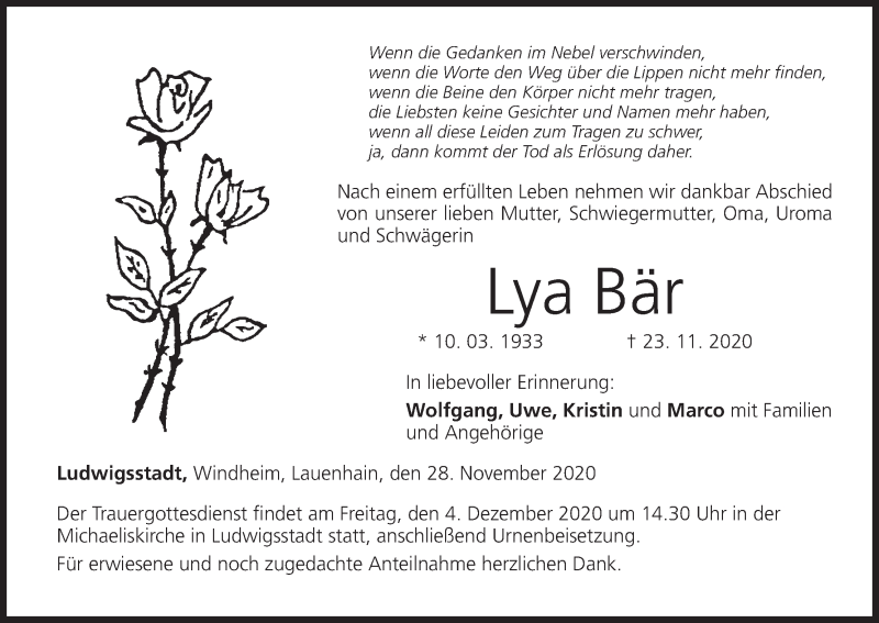  Traueranzeige für Lya Bär vom 28.11.2020 aus MGO