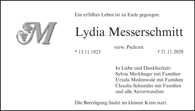  Traueranzeige für Lydia Pschorn vom 28.11.2020 aus MGO
