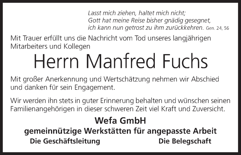  Traueranzeige für Manfred Fuchs vom 28.11.2020 aus MGO